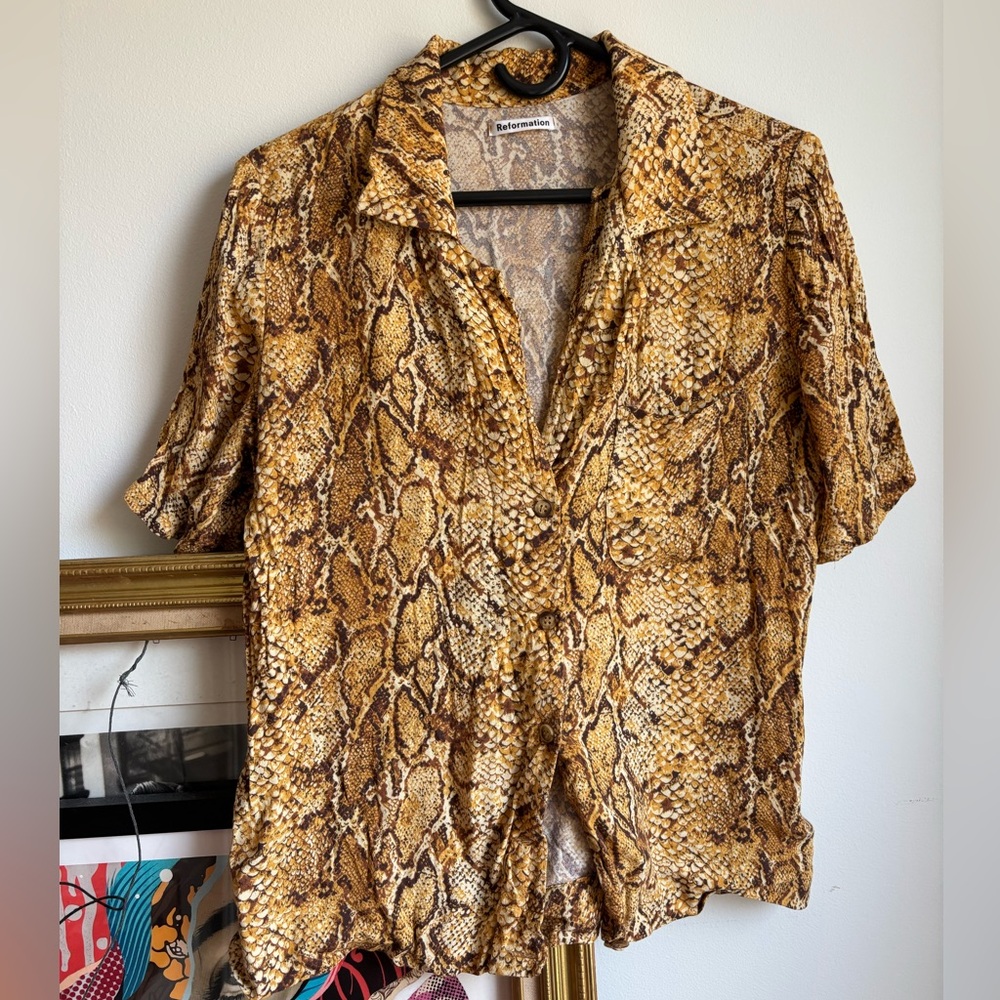 Reformation Snake Print Short Sleeve Shirt